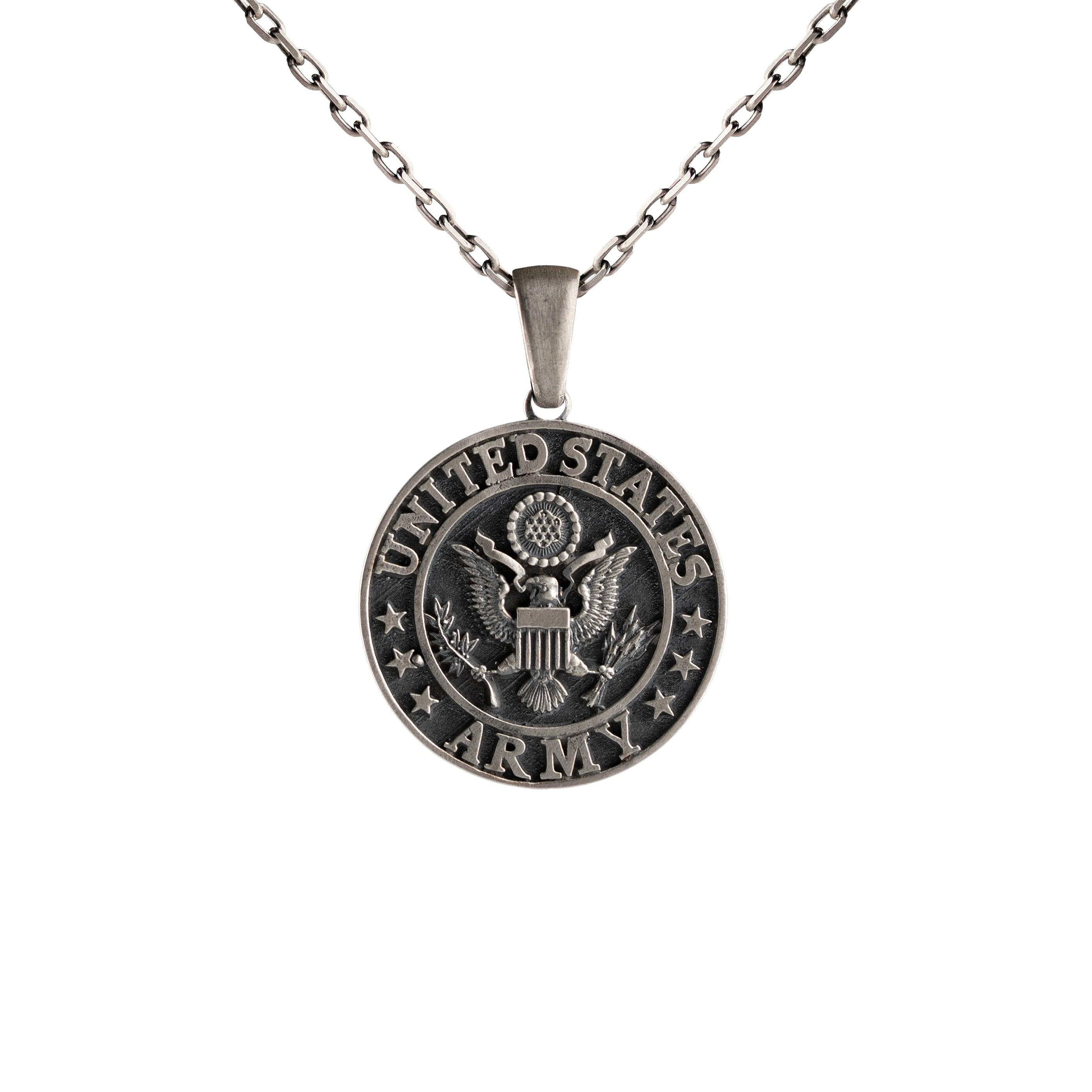 US Army Sterling Silver Pendant - Military Medallion Necklace with Patriotic Eagle Crest