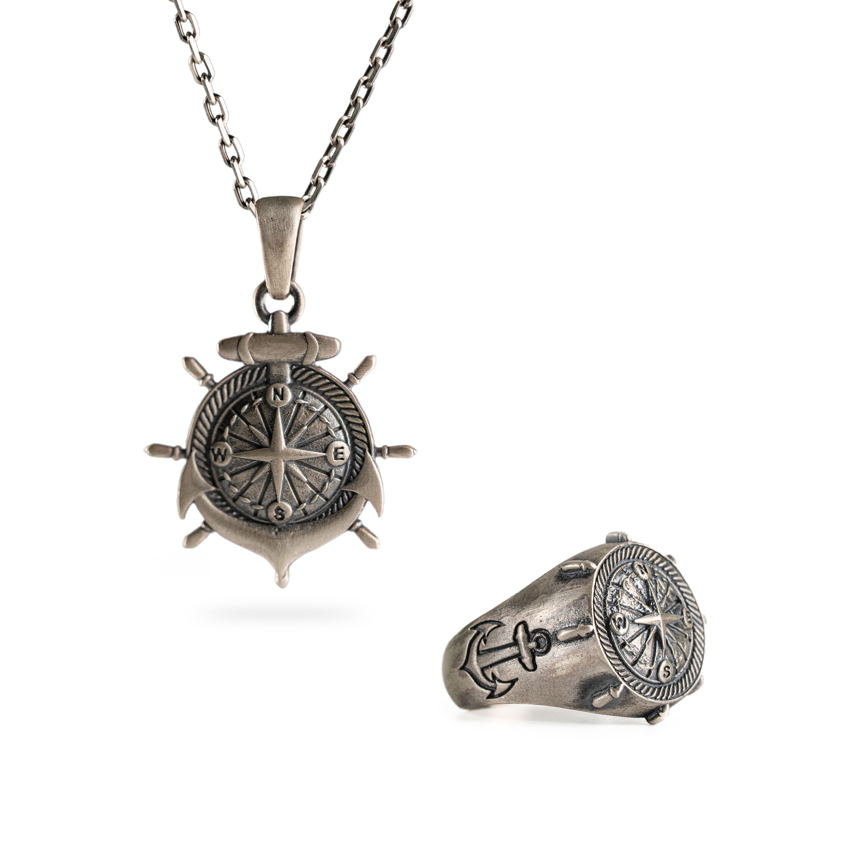 Sterling Silver Compass Set – Nautical Anchor Pendant and Explorer Ring with Polished Finish