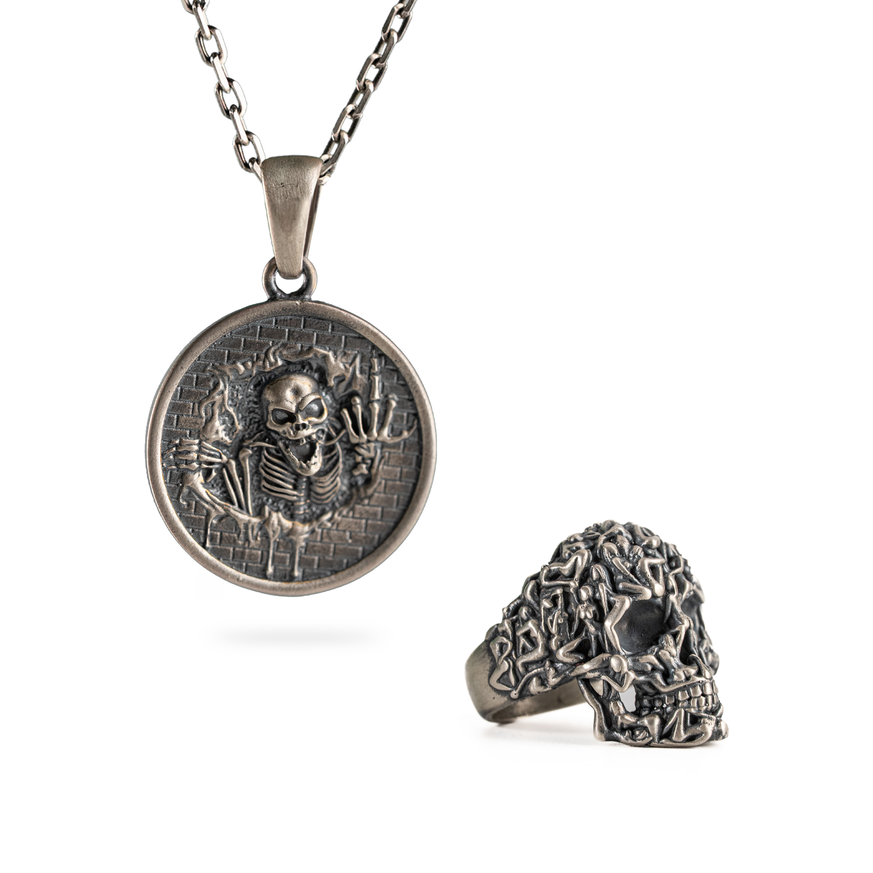 Sterling Silver Skull Jewelry Gothic Biker Ring And Skeleton Pendant Necklace