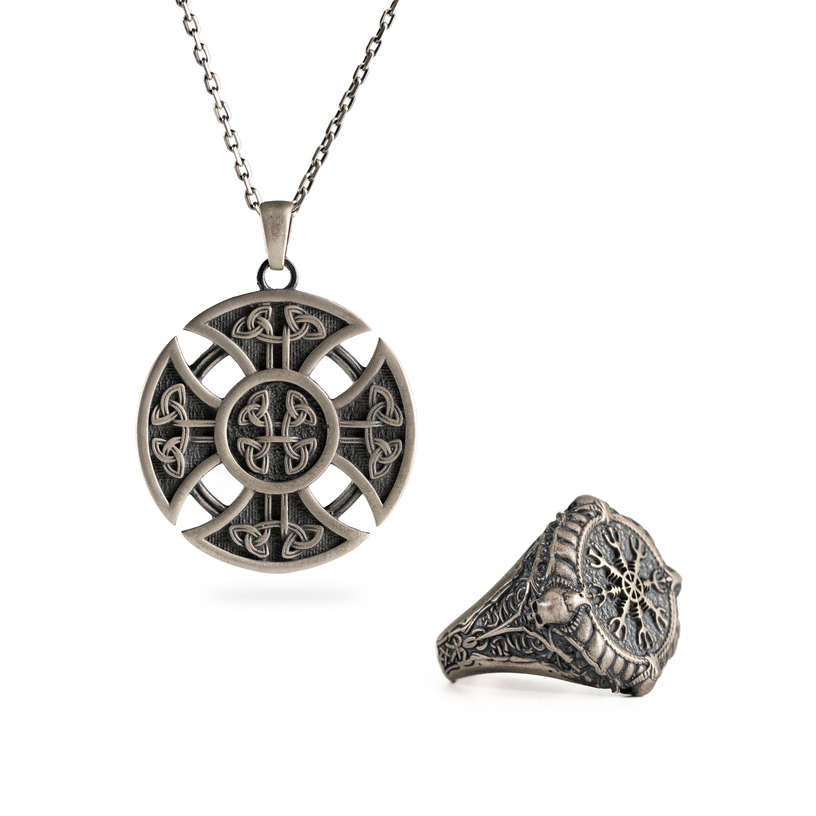 Viking Vegvisir Necklace – 925 Sterling Silver Norse Pendant with Helm of Awe Ring Set